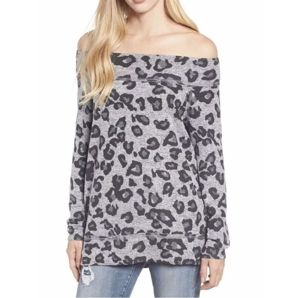 Gibson x Living in Yellow Mary Soft Off the Shoulder Top Gray Leopard - Picture 1 of 6